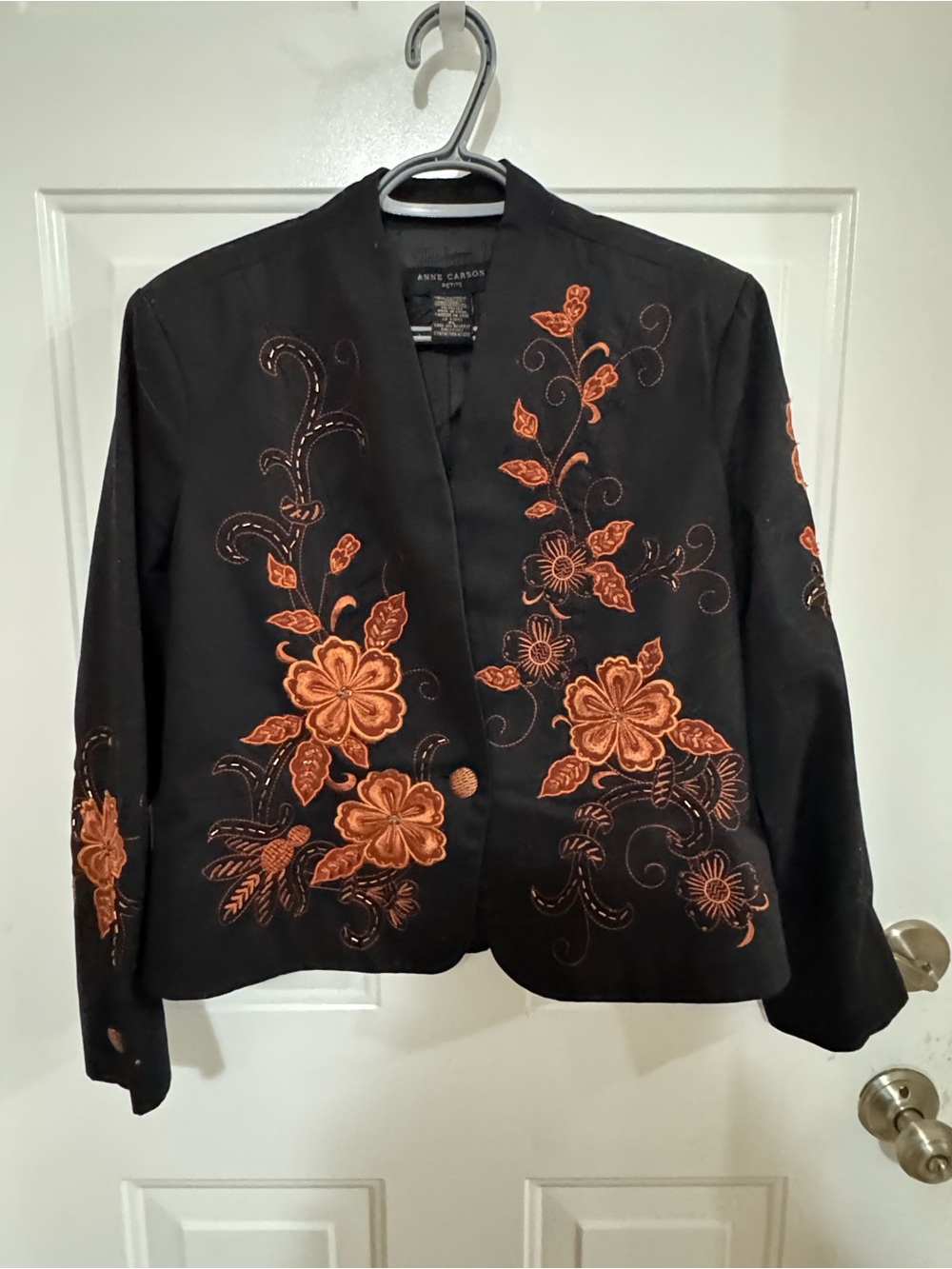 Anne Carson Black Blazer with Orange Floral Embroidery 100 cotton fully lined